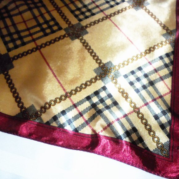 Scarf 19" Square Satin tan color classic plaid print - Picture 5 of 6